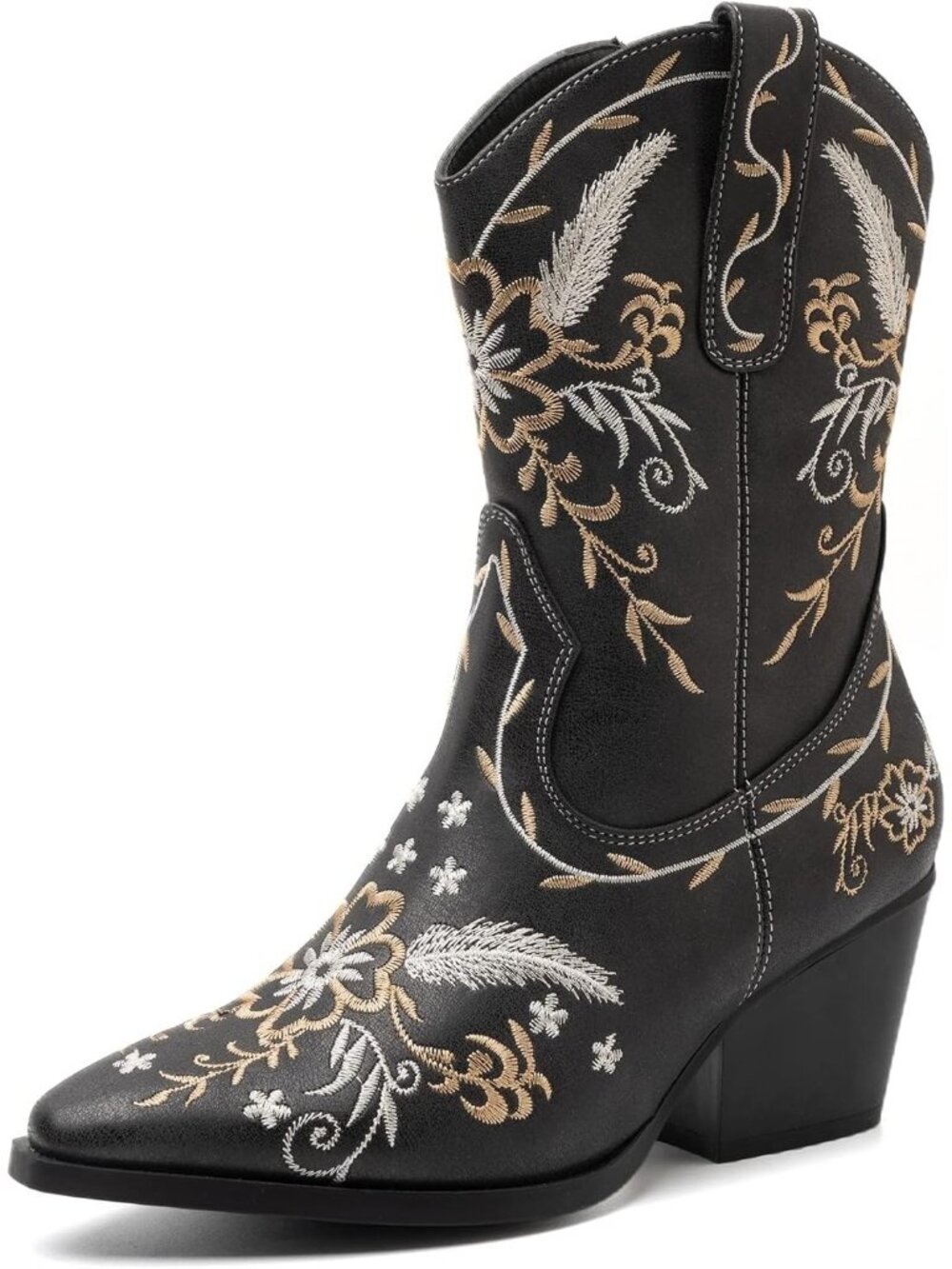 Women's Black Wide Calf Cowboy Boots Western Gold Embroidery Chunky Heel